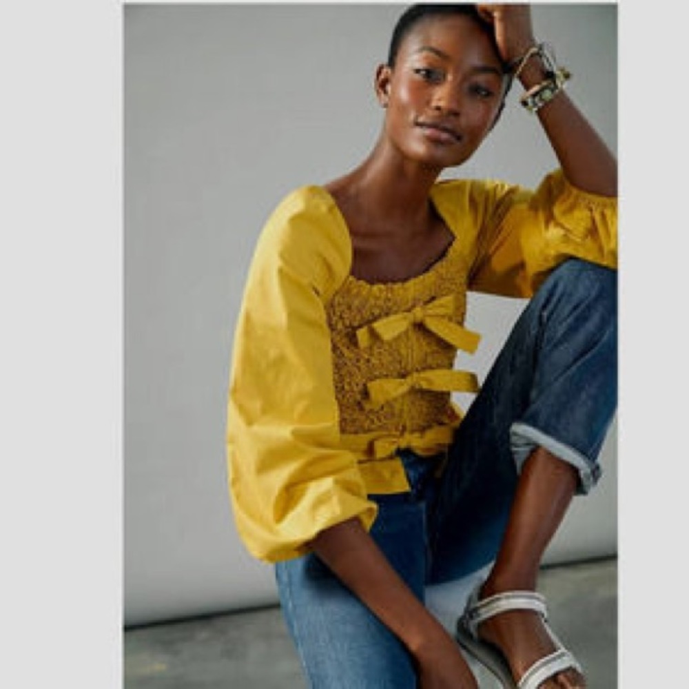 Anthropologie Tilly Smocked Bow-Tie Blouse by Mare Mare M